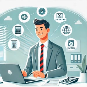 DALL·E 2025-01-19 14.23.38 - A clean and professional cartoon image depicting a small business owner looking at a laptop, with icons representing financial tools like QuickBooks, 