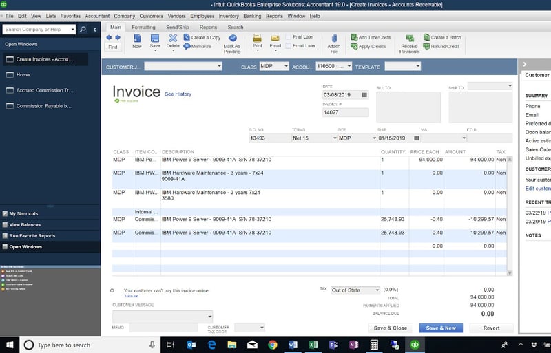 QuickBooks Invoice Screen